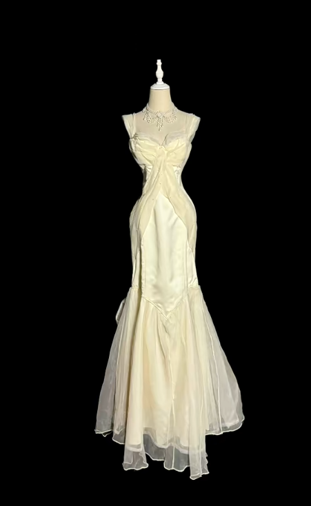 Chic Mermaid Ivory Spaghetti Straps Satin Chiffon Beaded Without Sleeves Long Prom Dress, Evening Dress