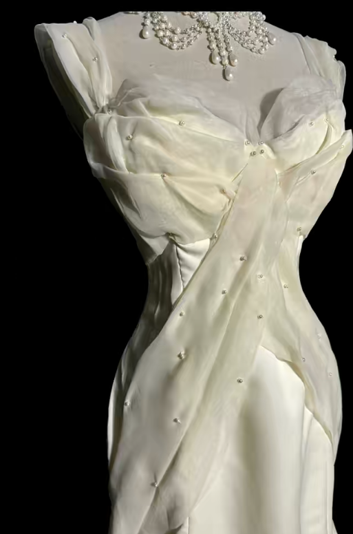 Chic Mermaid Ivory Spaghetti Straps Satin Chiffon Beaded Without Sleeves Long Prom Dress, Evening Dress