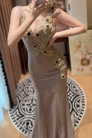 Sexy Mermaid V Neck Satin Lace Applique Without Sleeves Long Prom Dress, Evening Dress