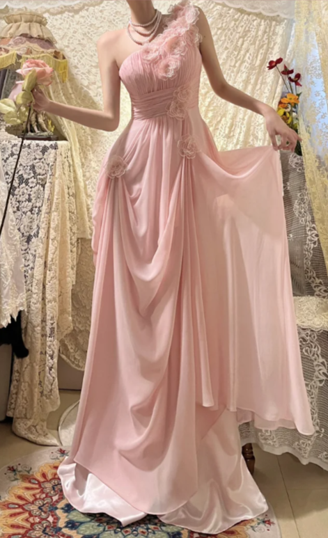 Sweet Pink A Line One Shoulder Chiffon Applique Without Sleeves Long Prom Dress, Evening Dress