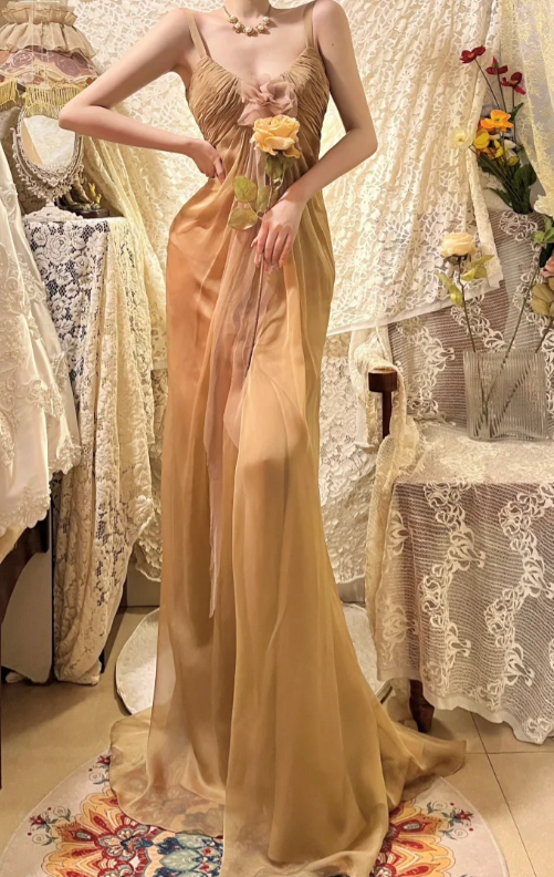 Elegant A Line Spaghetti Straps Chiffon Without Sleeves Long Prom Dress, Evening Dress