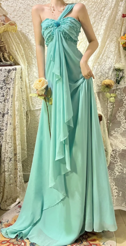 Pretty A Line One Shoulder Chiffon Without Sleeves Long Prom Dress, Evening Dress
