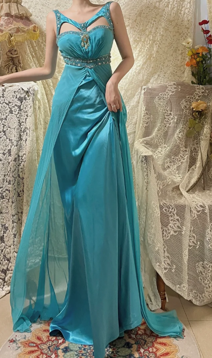 Gorgeous Mermaid Satin Chiffon Sequin Beaded Without Sleeves Long Prom Dress, Evening Dress