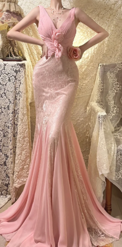 Stunning Pink Mermaid V Neck Chiffon Lace Without Sleeves Long Prom Dress, Evening Dress