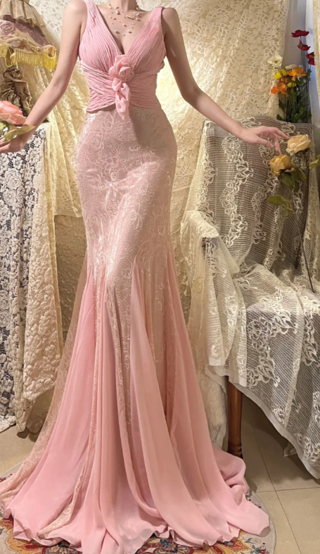 Stunning Pink Mermaid V Neck Chiffon Lace Without Sleeves Long Prom Dress, Evening Dress