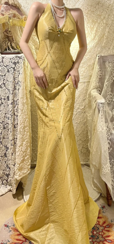 Formal Mermaid Halter Satin Sequin Beaded Without Sleeves Long Prom Dress, Evening Dress