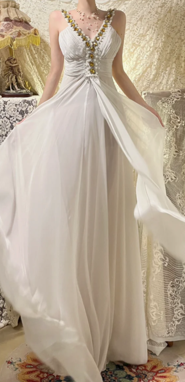 Elegant A Line V Neck Chiffon Beaded Without Sleeves Long Prom Dress, Evening Dress