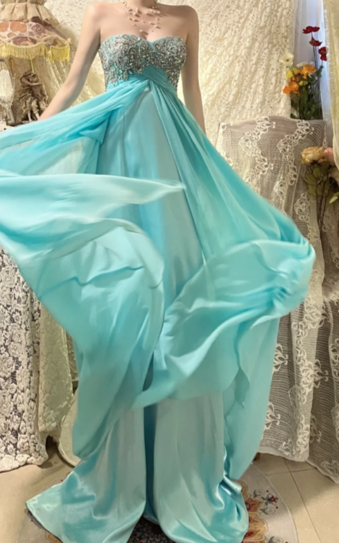 Chic A Line Sweetheart Chiffon Sequin Beaded Without Sleeves Long Prom Dress, Evening Dress