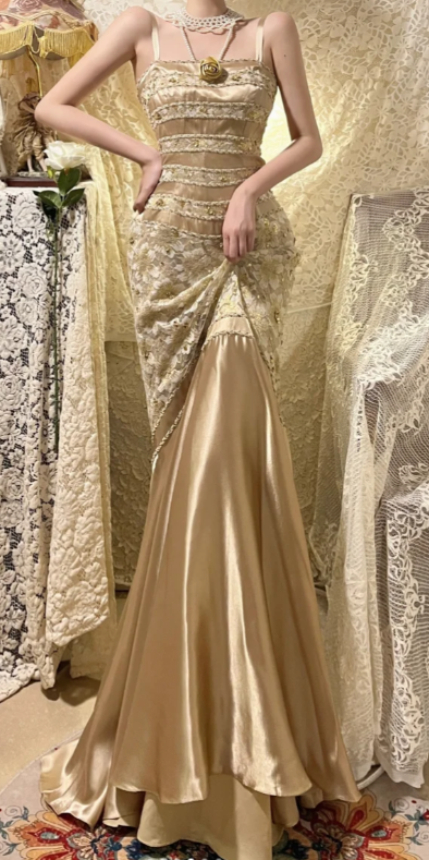 Pretty Gold Mermaid Spaghetti Straps Satin Lace Sequin Without Sleeves Long Prom Dress, Evening Dress