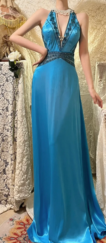 Classy Mermaid Halter V Neck Satin Sequin Beaded Backless Without Sleeves Long Prom Dress, Evening Dress