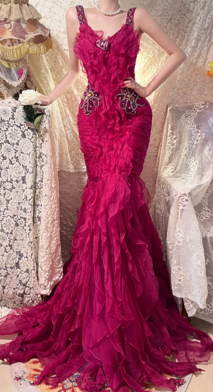 Obsessed Mermaid V Neck Ruffle Chiffon Beaded Without Sleeves Long Prom Dress, Evening Dress