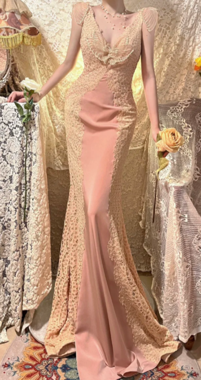 Charming Mermaid V Neck Satin Lace Beaded Without Sleeves Long Prom Dress, Evening Dress