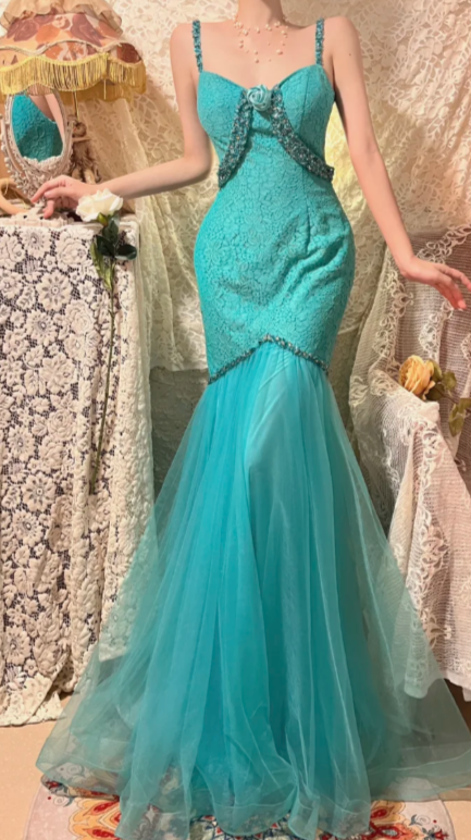 Chic Mermaid Spaghetti Straps Tulle Lace Beaded Without Sleeves Long Prom Dress, Evening Dress