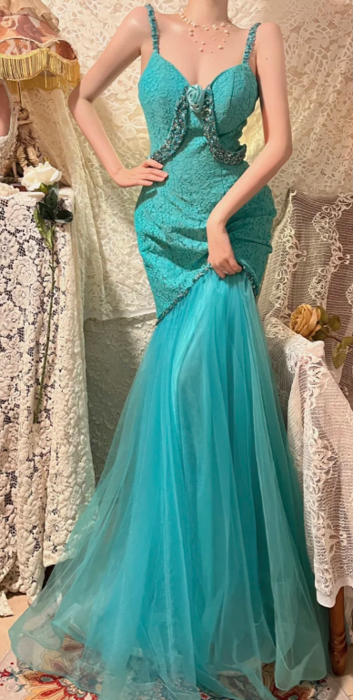 Chic Mermaid Spaghetti Straps Tulle Lace Beaded Without Sleeves Long Prom Dress, Evening Dress