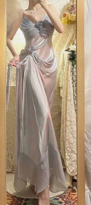 Gray Mermaid Spaghetti Straps Satin Chiffon Long Prom Dress, Evening Dress