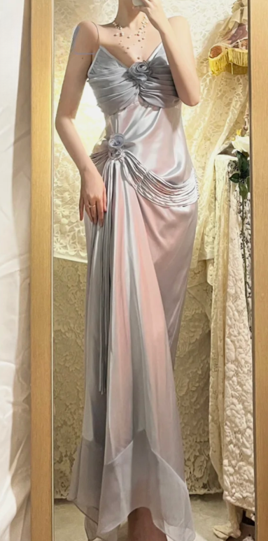 Gray Mermaid Spaghetti Straps Satin Chiffon Long Prom Dress, Evening Dress