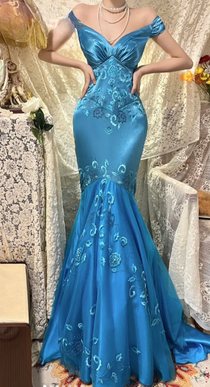Charming Mermaid Off The Shoulder Satin Embroidery Long Prom Dress, Evening Dress