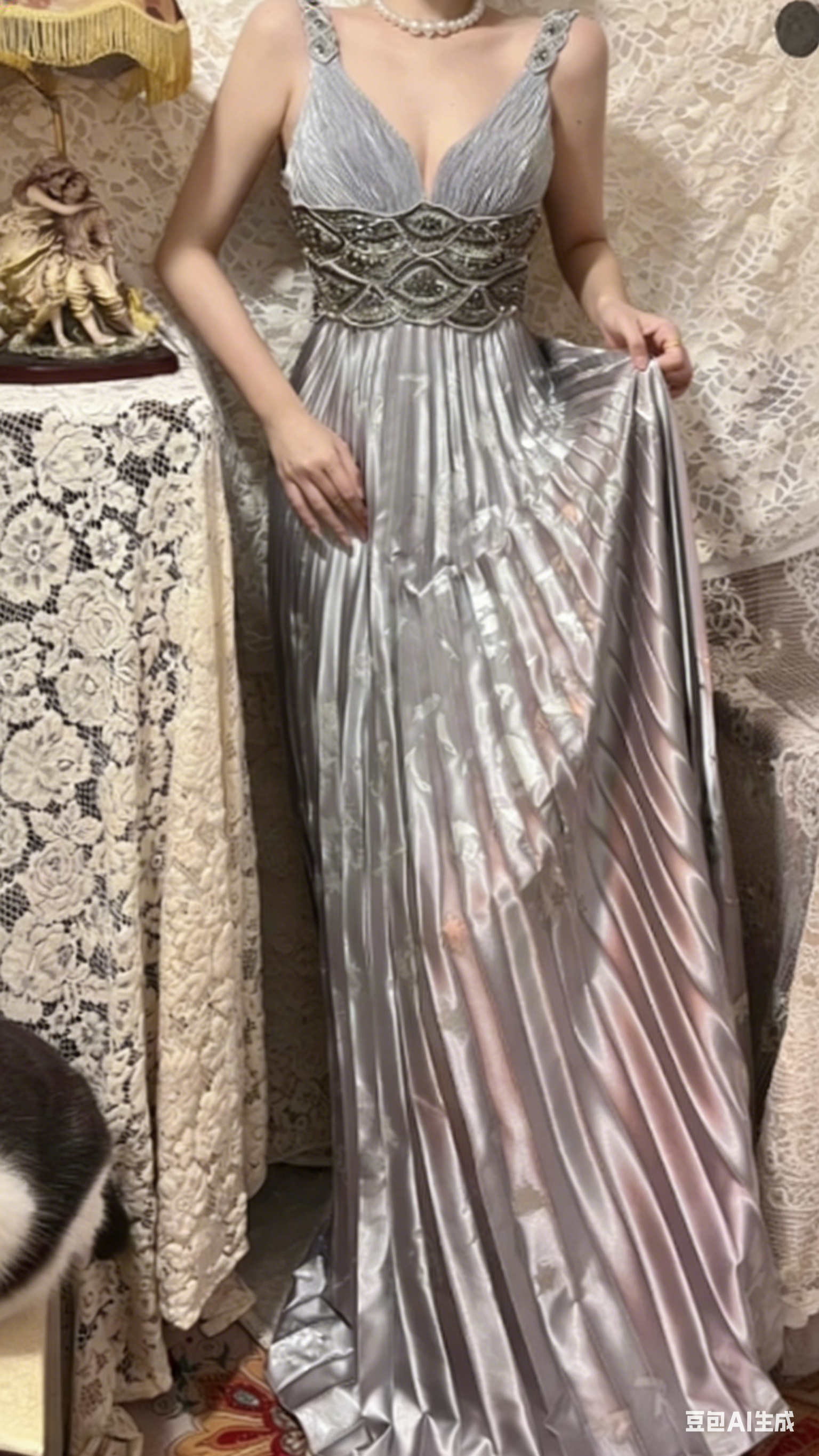 Gray A Line V Neck Satin Sequin Long Prom Dress, Evening Dress