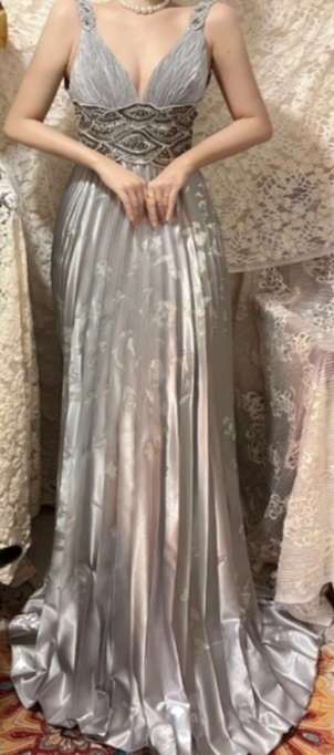Gray A Line V Neck Satin Sequin Long Prom Dress, Evening Dress