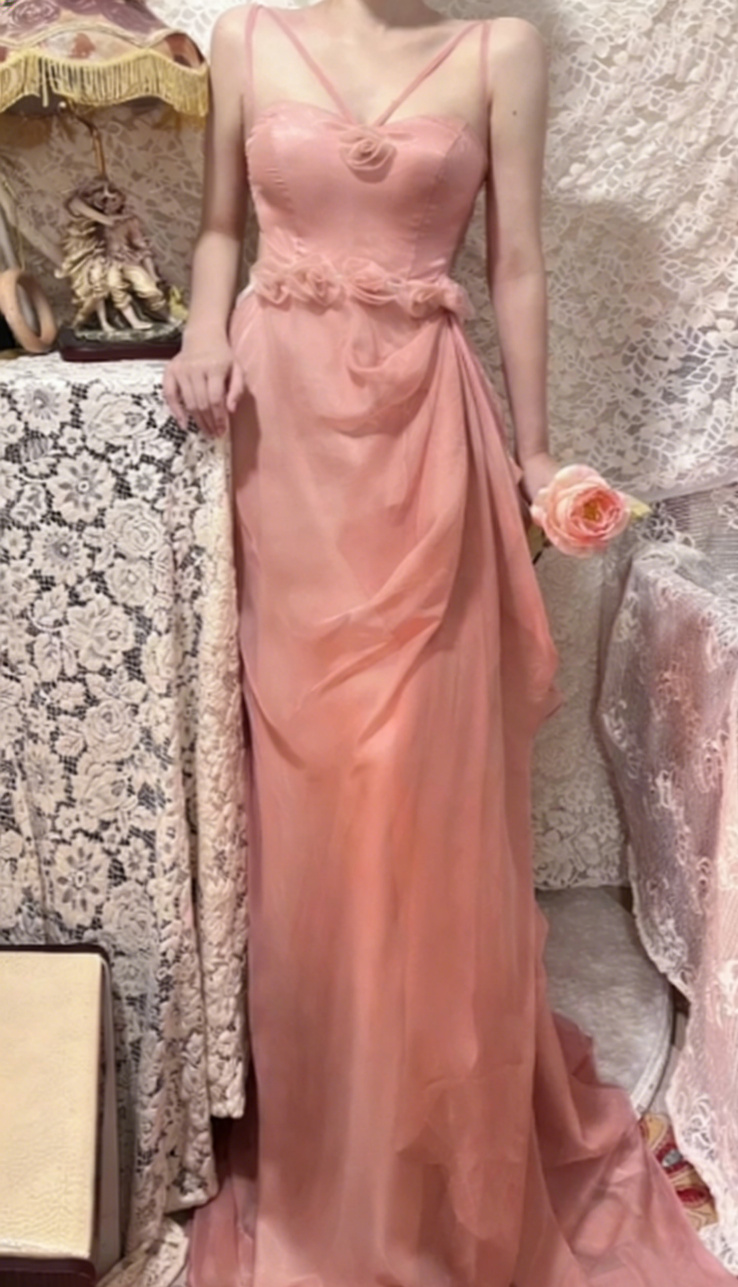 Elegant A Line Peach Spaghetti Straps Chiffon Long Prom Dress, Evening Dress