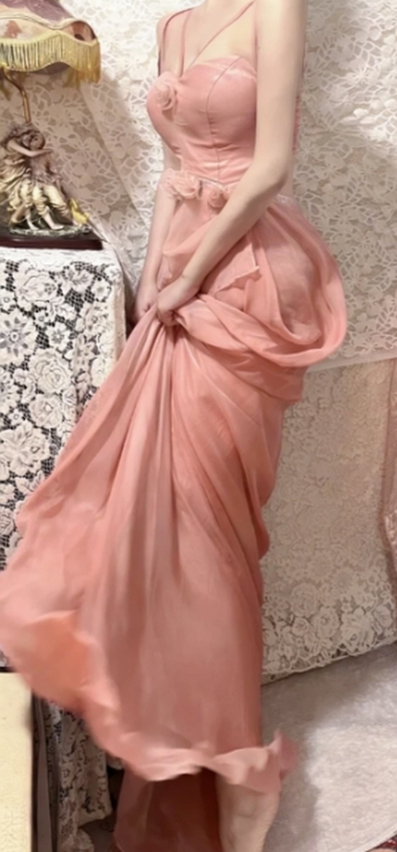 Elegant A Line Peach Spaghetti Straps Chiffon Long Prom Dress, Evening Dress