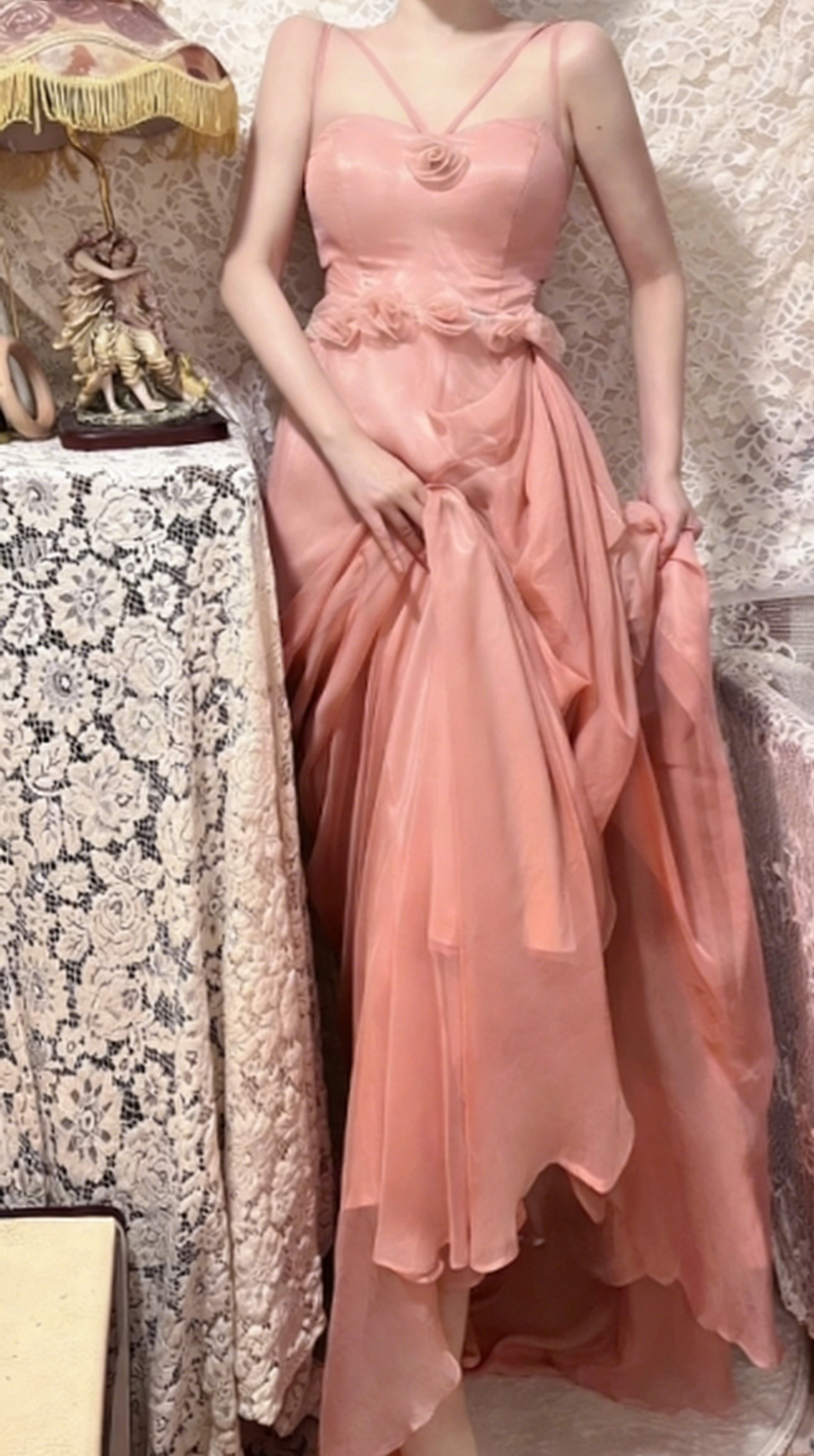 Elegant A Line Peach Spaghetti Straps Chiffon Long Prom Dress, Evening Dress