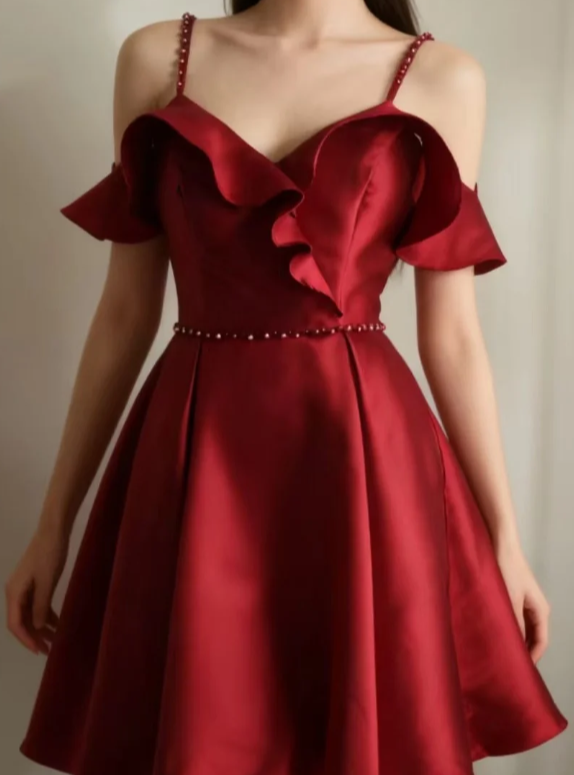 Pretty Burgundy A Line Spaghetti Straps Satin Short Homecoming Dress 19th Birthday Outfits