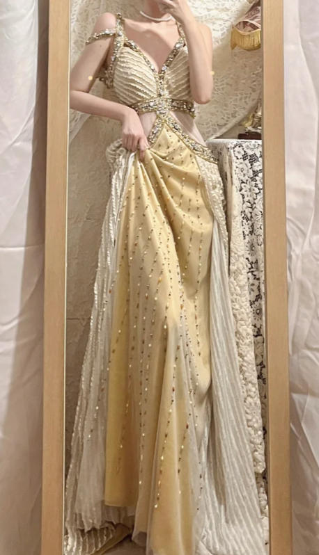 Gorgeous A Line V Neck Tulle Beaded Long Prom Dress, Evening Dress