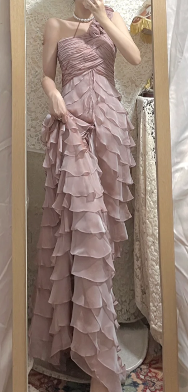 Pretty A Line One Shoulder Tiered Ruffle Chiffon Long Prom Dress, Evening Dress