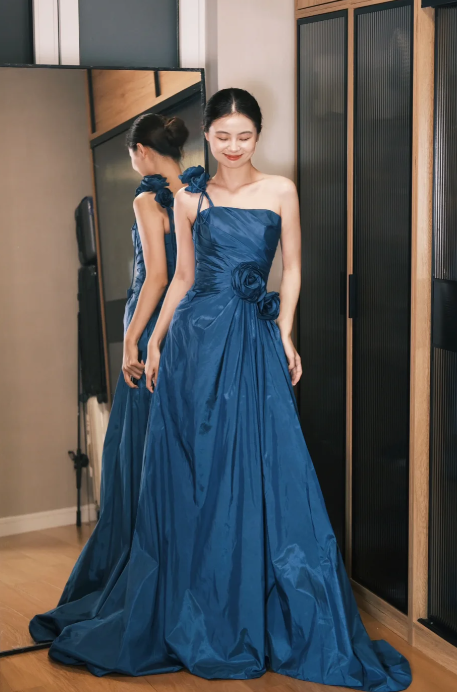 Elegant A Line One Shoulder Pleated Satin Long Prom Dress, Evening Dress