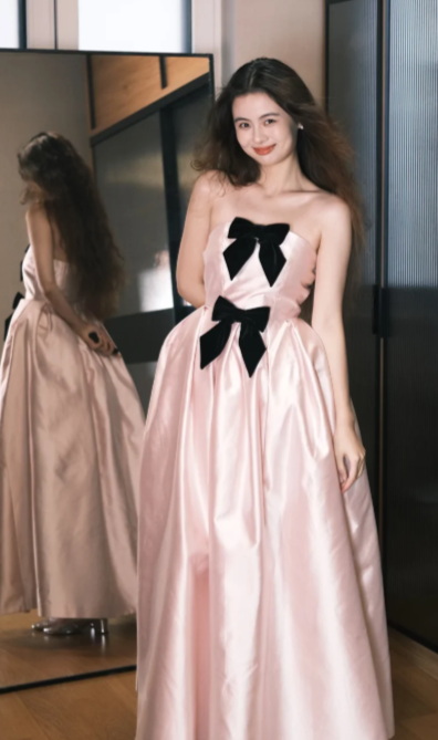 Sweet Pink A Line Strapless Satin With Bow Long Prom Dress, Evening Dress