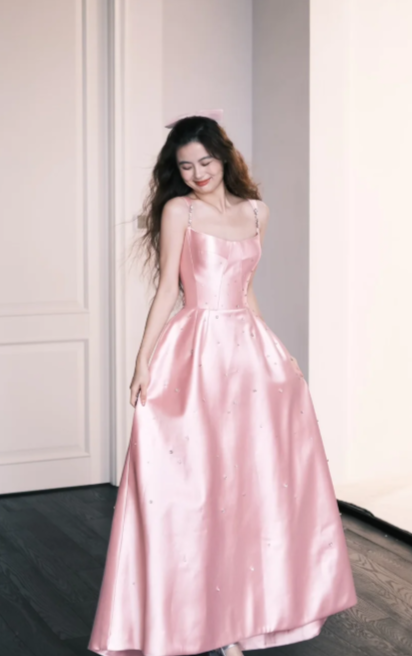Sweet Spaghetti Straps Pink A Line Satin Beads Long Prom Dress, Evening Dress