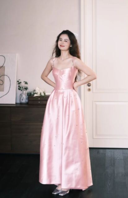 Sweet Spaghetti Straps Pink A Line Satin Beads Long Prom Dress, Evening Dress