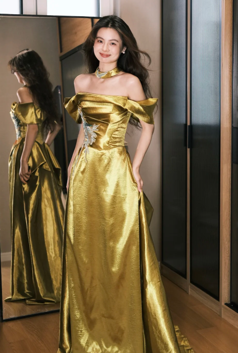 Formal A Line Off The Shoulder Satin Sequin Long Prom Dress, Evening Dress