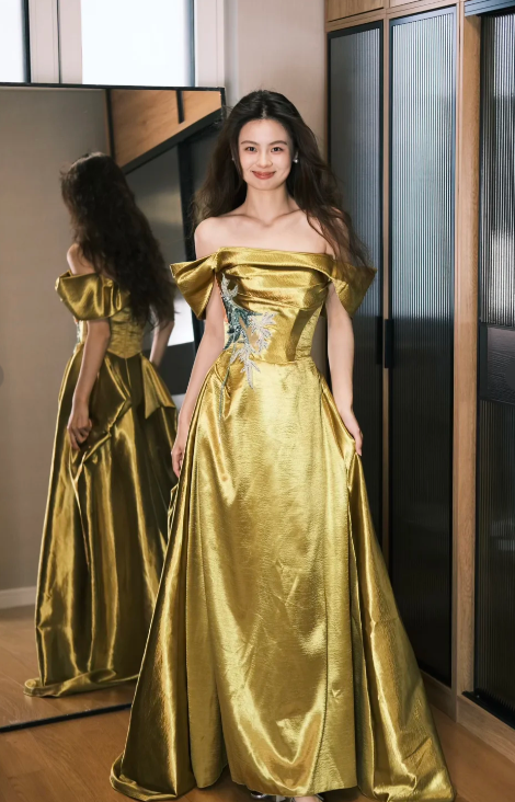 Formal A Line Off The Shoulder Satin Sequin Long Prom Dress, Evening Dress
