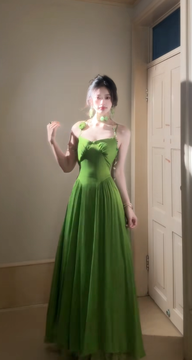 Charming Green A Line Spaghetti Straps Satin Long Prom Dress, Evening Dress