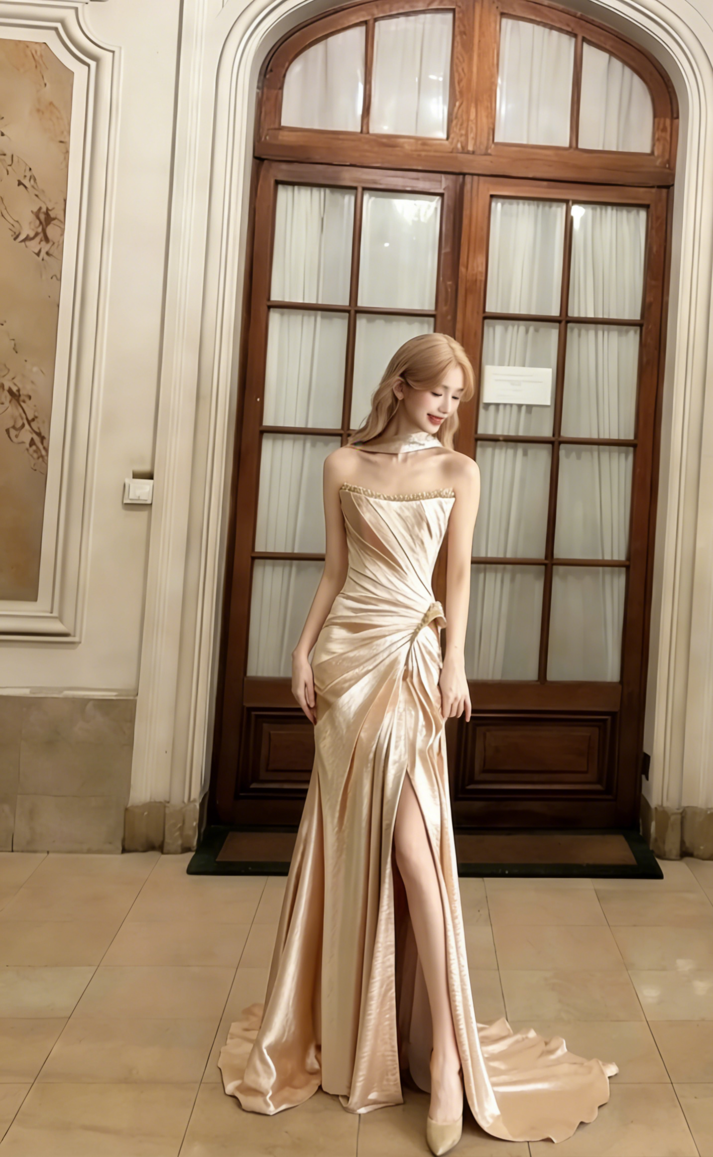 Charming Mermaid Strapless Pleated Satin Slit Long Prom Dress, Evening Dress