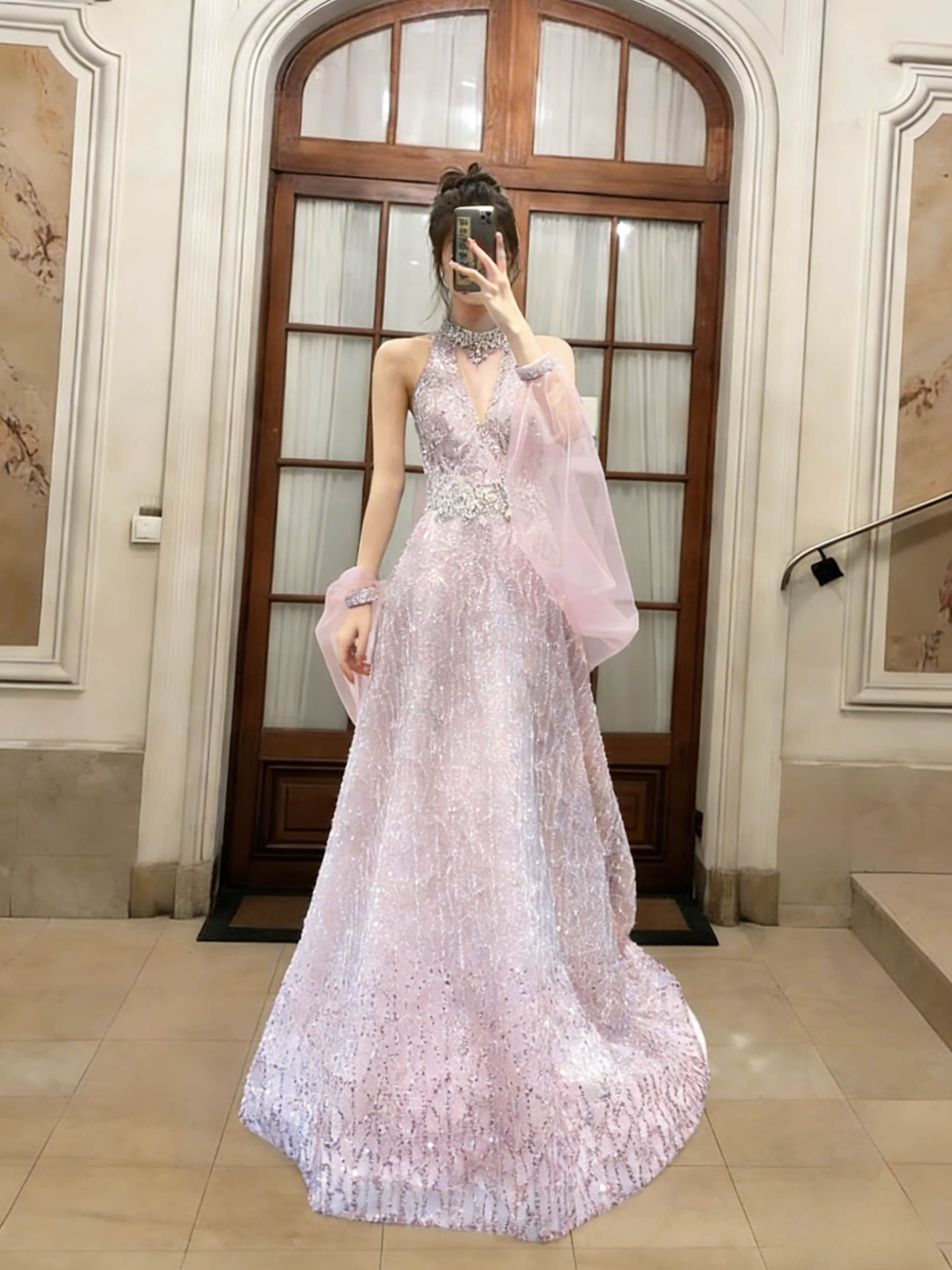 Princess A Line Halter Pink Tulle Sequin Long Prom Dress, Evening Dress