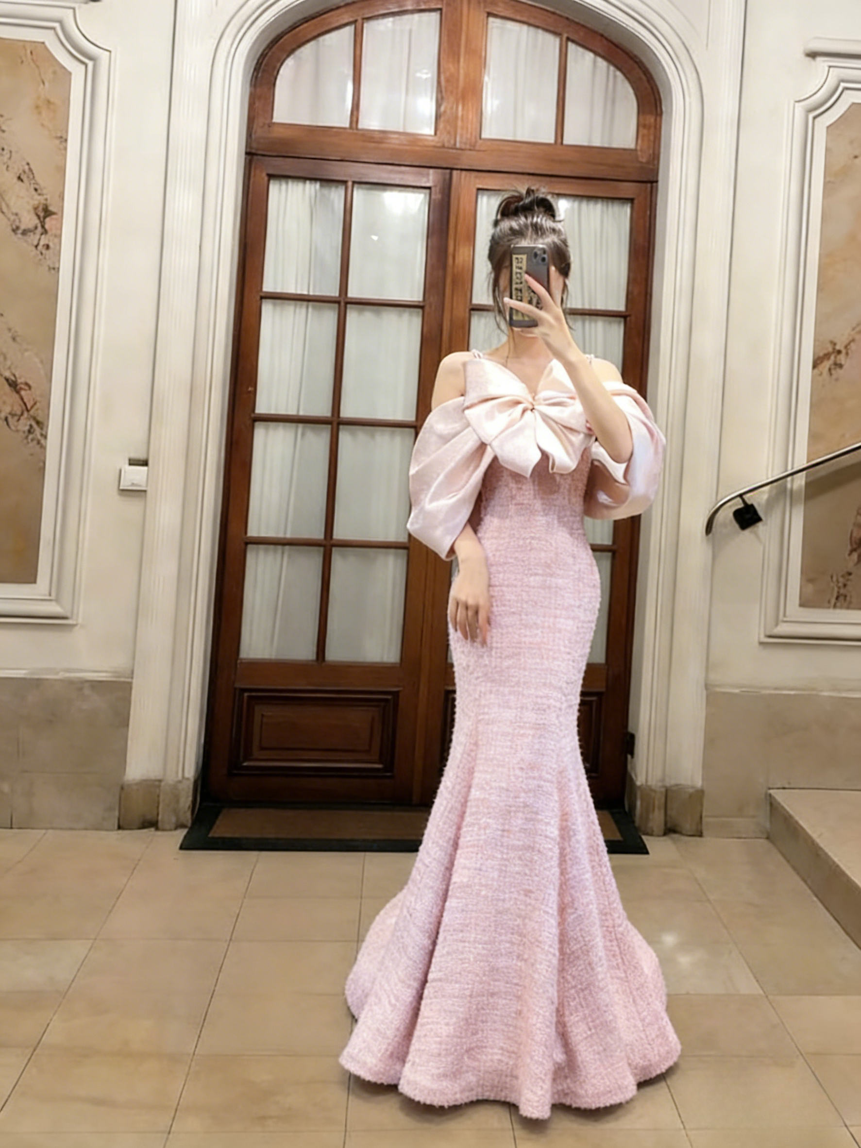 Sweet Mermaid Off The Shoulder Pink Satin Long Prom Dress, Evening Dress