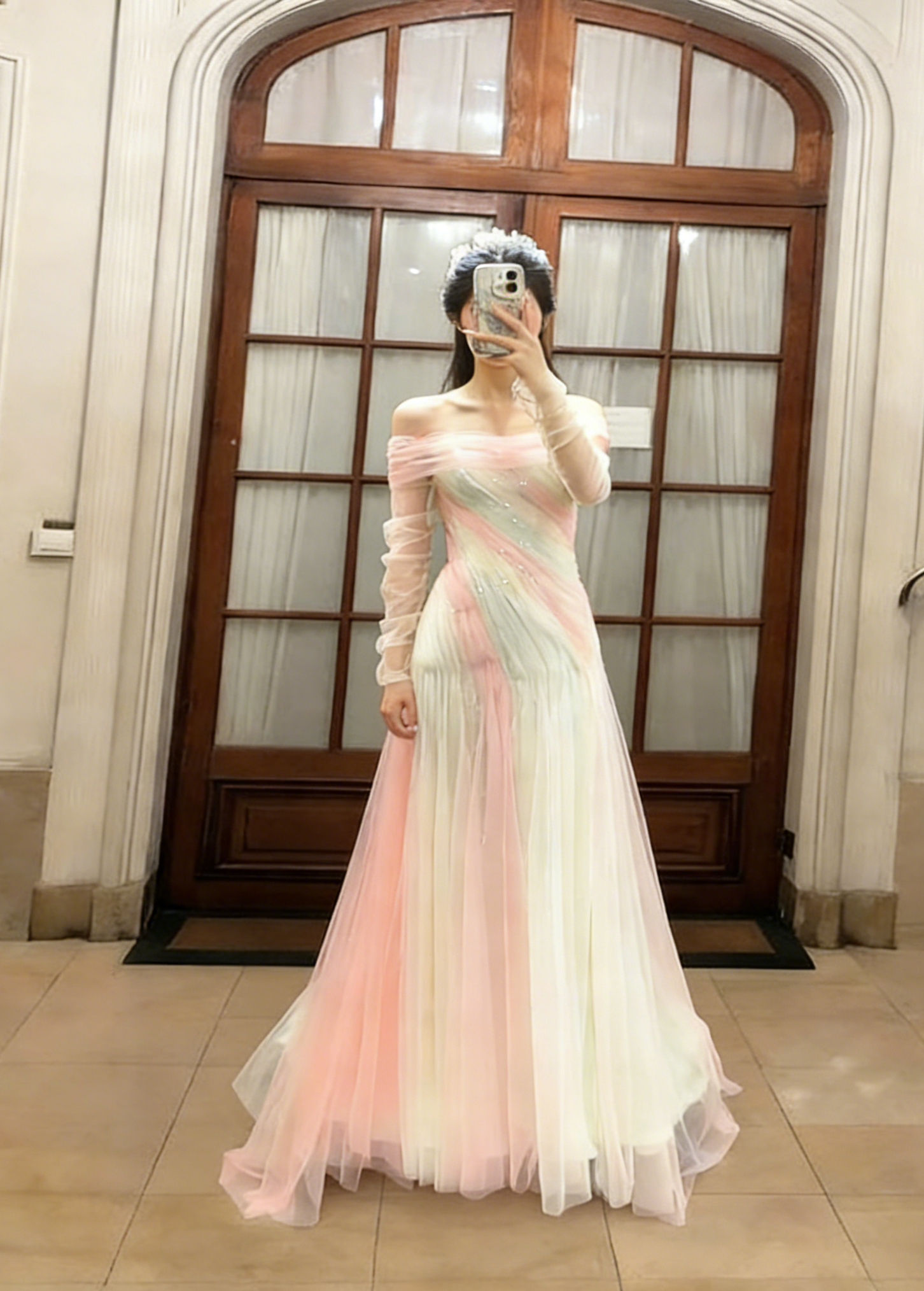 Fairl A Line Off The Shoulder Tulle Long Sleeves Long Prom Dress, Evening Dress