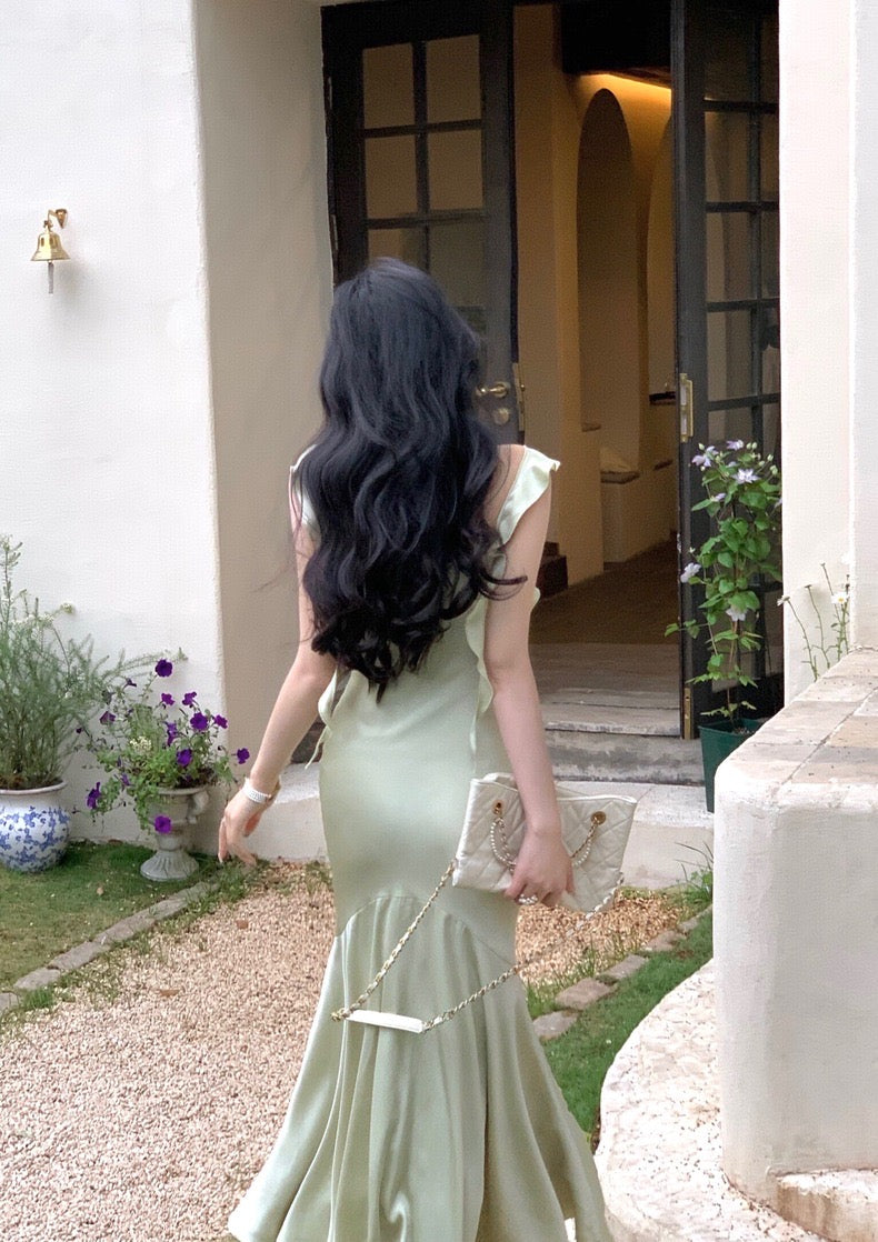 Sexy Mermaid Straps Sage Green Silk Satin Long Prom Dresses