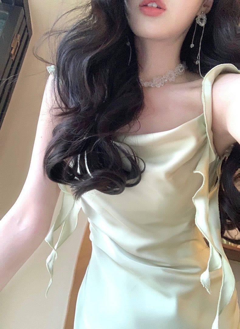Sexy Mermaid Straps Sage Green Silk Satin Long Prom Dresses