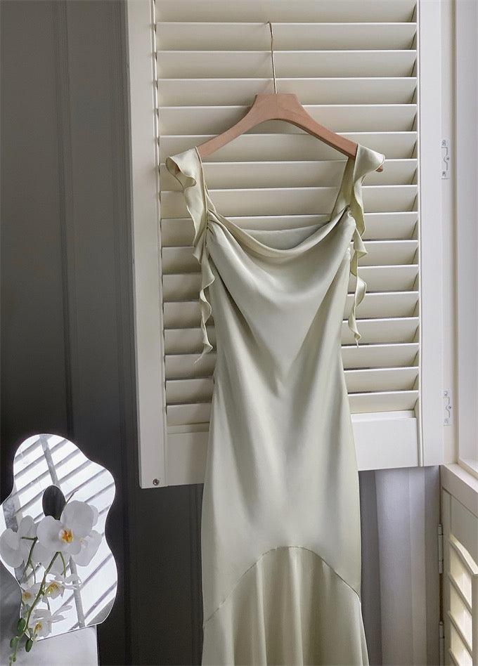 Sexy Mermaid Straps Sage Green Silk Satin Long Prom Dresses