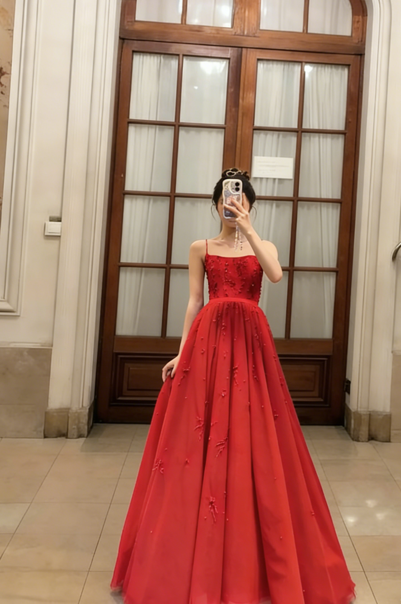 Red A Line Spaghetti Straps Satin Long Prom Dress, Evening Dress