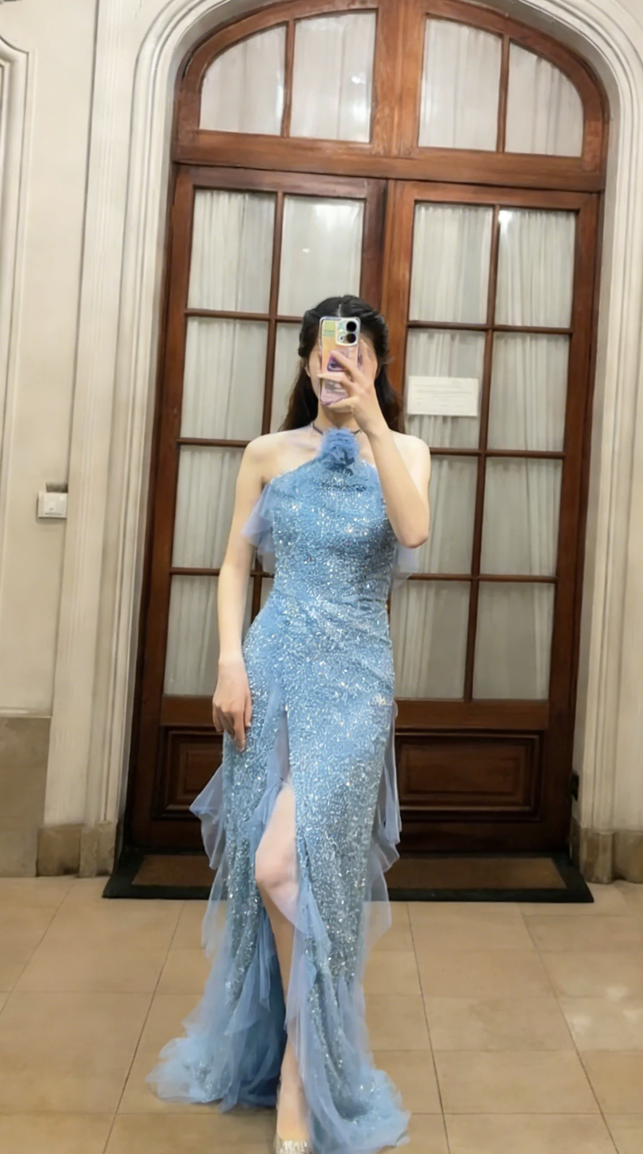 Sparkly Mermaid Halter Tulle Sequin Slit Long Prom Dress, Evening Dress