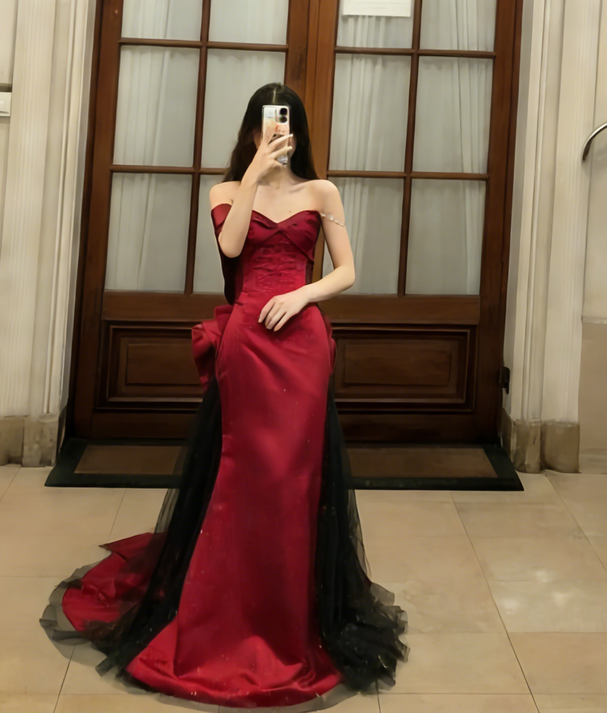 Charming Mermaid Burgundy Off The Shoulder Satin Tulle Long Prom Dress, Evening Dress