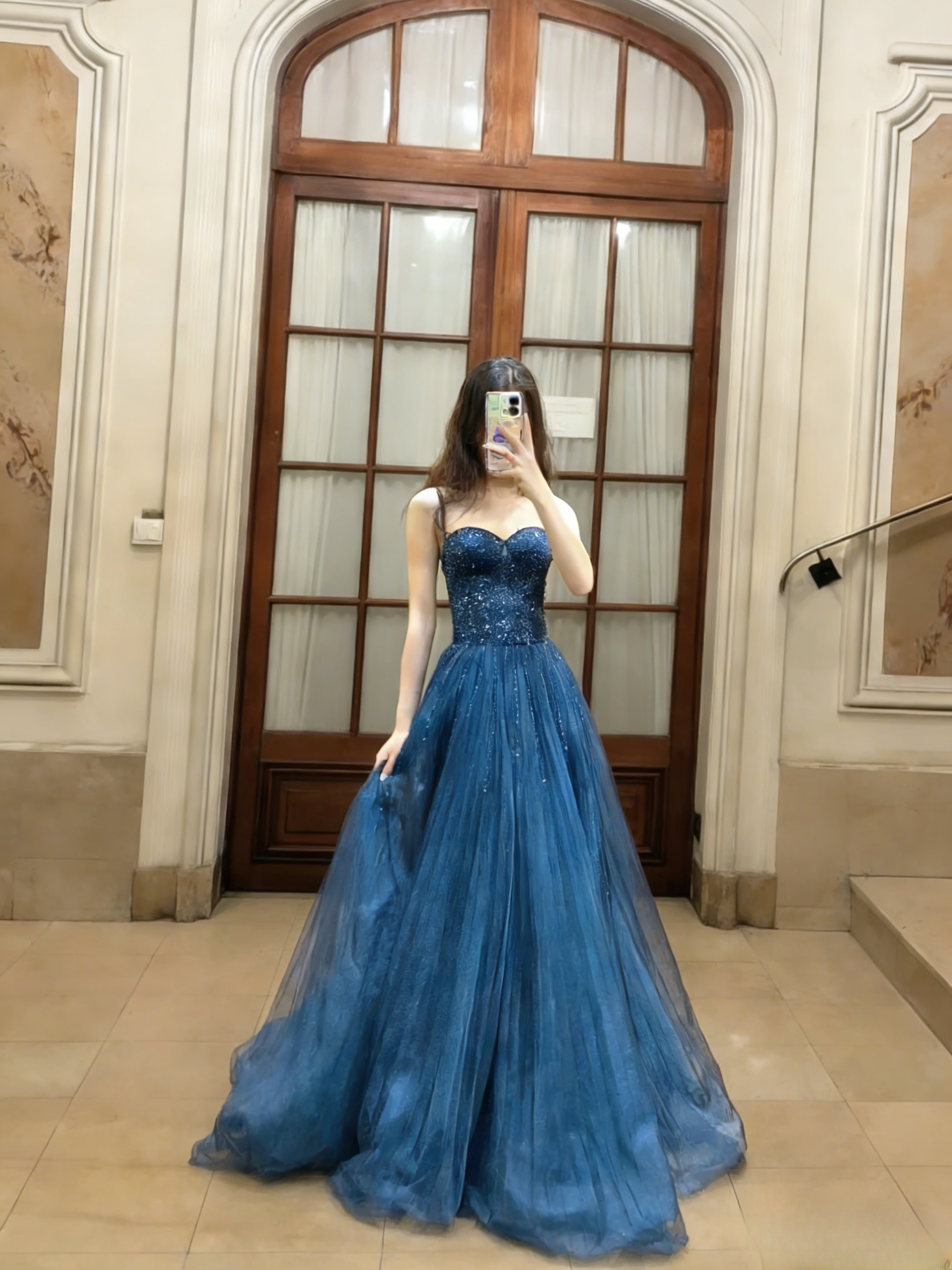 Elegant A Line Spaghetti Straps Tulle Sequin Long Prom Dress, Evening Dress