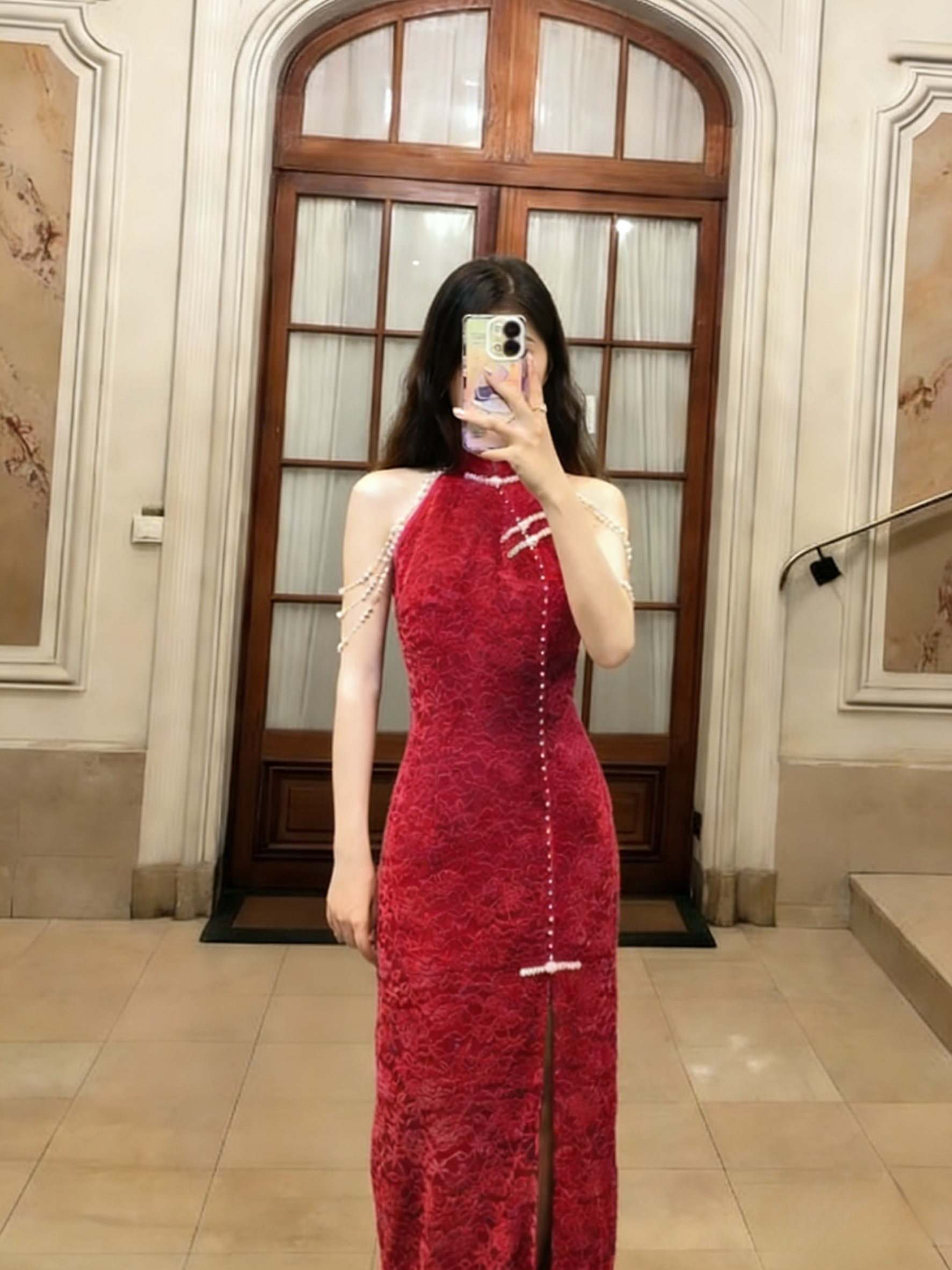 Sexy Mermaid Burgundy Halter Satin Lace Slit Long Prom Dress, Evening Dress