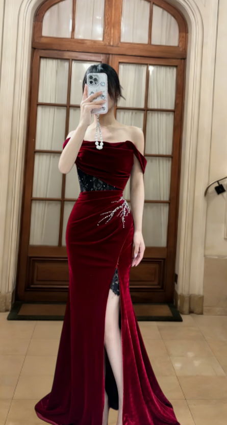 Obsessed Mermaid Burgundy Off The Shoulder Velvet Lace Slit Long Prom Dress, Evening Dress