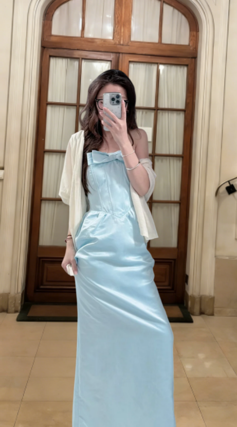 Pale Blue Mermaid Strapless Satin Long Prom Dress, Evening Dress